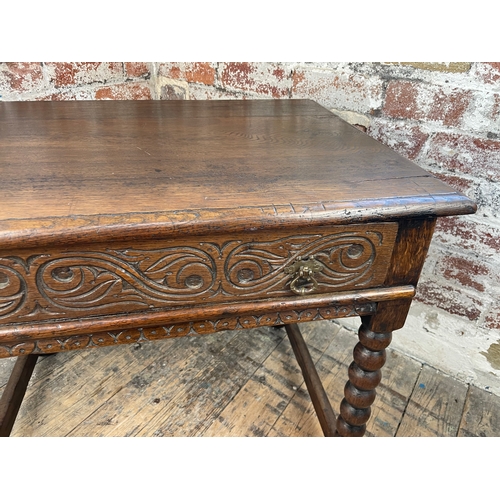 414 - Antique Oak Bobbin Turned Leg Side Table With Carved Drawer.