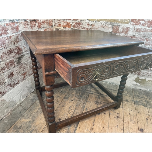 414 - Antique Oak Bobbin Turned Leg Side Table With Carved Drawer.