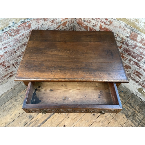 414 - Antique Oak Bobbin Turned Leg Side Table With Carved Drawer.