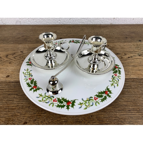 286 - Christmas Themed Serving Platter with Two Candle Sticks and a Snuffer