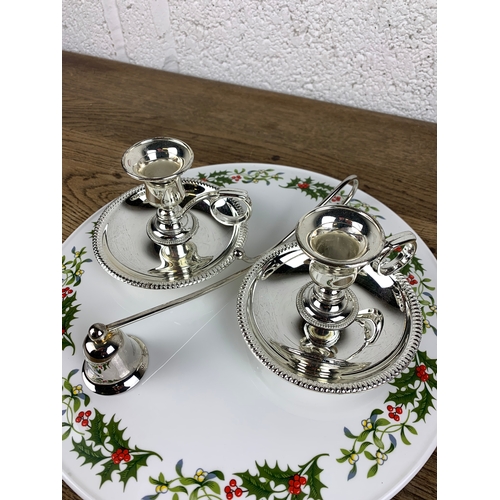 286 - Christmas Themed Serving Platter with Two Candle Sticks and a Snuffer