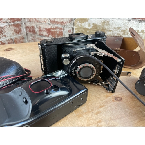 176 - Two Vintage Cameras, Cannon & Mulchro Shutter. & Zenith Super Delux 8x30 Binoculars