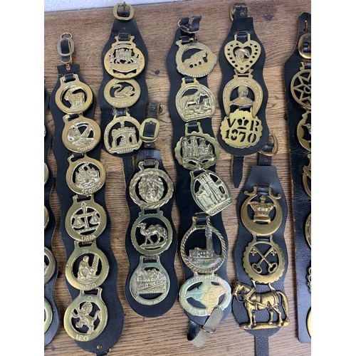 239 - Apprx. 65 Horse Brasses, Antique, Vintage and Collectable, all leather mounted