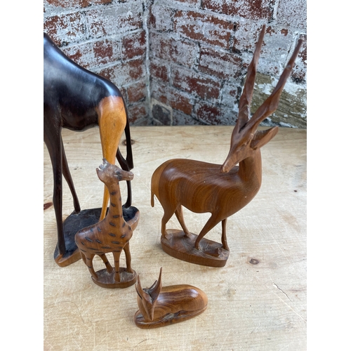 242 - Vintage Hardwood Carved Giraffe & Mid Century Antelopes