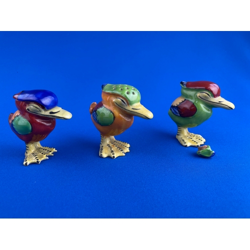 386 - Crown Staffordshire Winky Bird Cruet Set. Salt, Pepper & Mustard Circa 1920. Salt Stopper Cork Needs... 