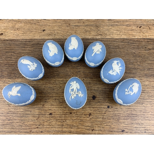 417 - Eight Wedgwood Jasper Ware Egg Trinket Boxes in the form of an Egg dated 1970's to 80's with Bird de... 