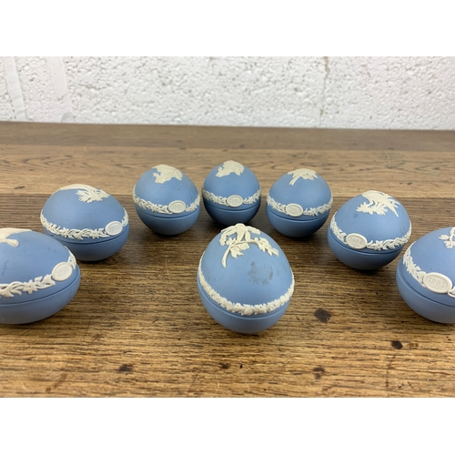 417 - Eight Wedgwood Jasper Ware Egg Trinket Boxes in the form of an Egg dated 1970's to 80's with Bird de... 