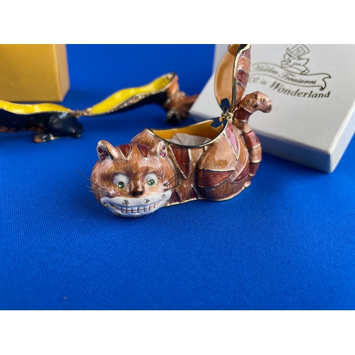 205 - Two Boxed, Enamelled & Bejewelled Trinket Boxes. Alice In Wonderland Cheshire Cat & Dachshund