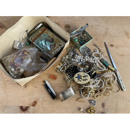 36 - Box Of Vintage Beads, Costume Jewellery & Penknives