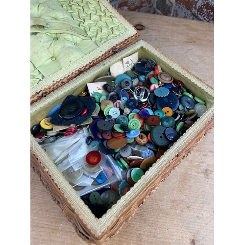 229 - Wicker Sewing Basket Full Of Vintage Buttons