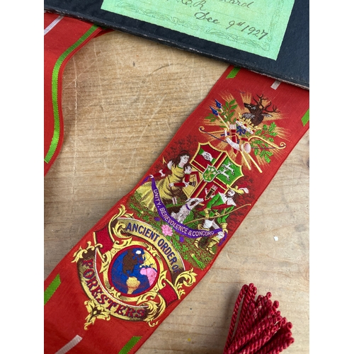 230 - The Ancient Order Of Foresters Silk Ribbon Sash. Presented To Bro. A.W. Woollard P.C.R. December 9th... 