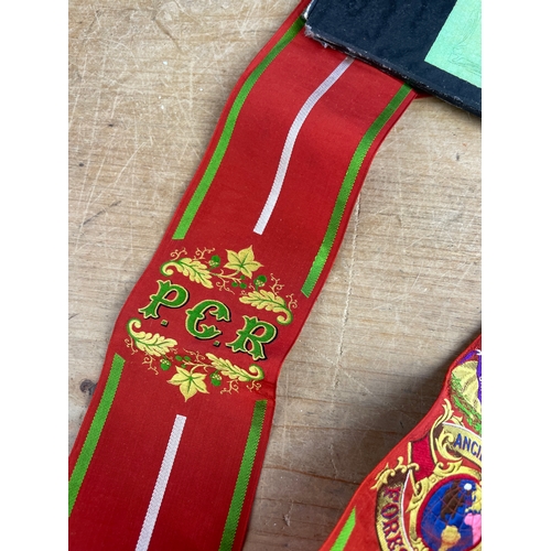 230 - The Ancient Order Of Foresters Silk Ribbon Sash. Presented To Bro. A.W. Woollard P.C.R. December 9th... 