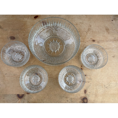 234 - Mid Century Sunburst Trifle Set. Large Bowl & Four Serving Dishes