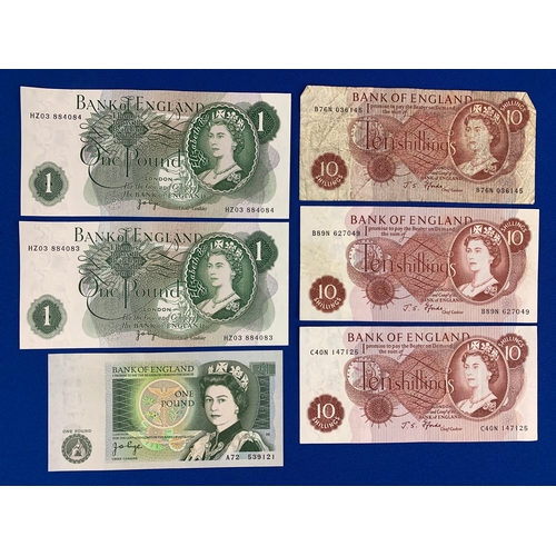 19 - Three Uncirculated Pound Notes, Two With Consecutive Serial Numbers, plus Three Ten Shilling Notes