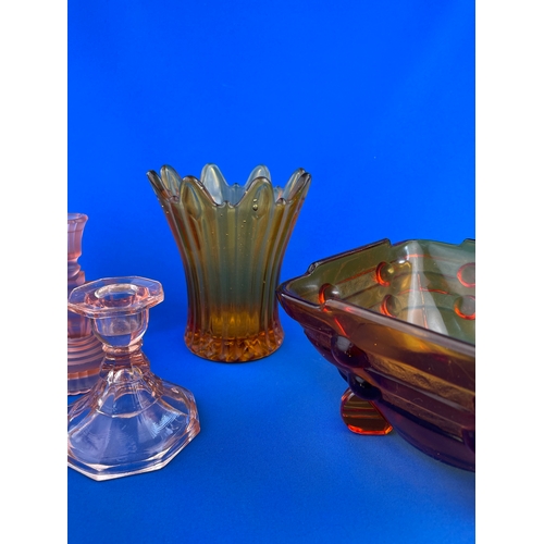 348 - Art Deco Glass Items In Pink & Amber