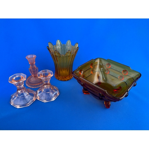 348 - Art Deco Glass Items In Pink & Amber