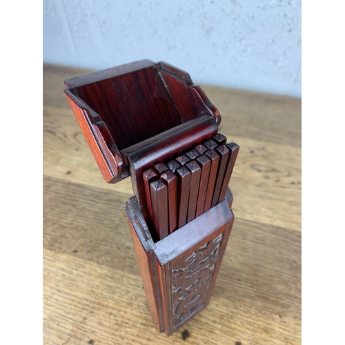 304 - Vintage Oriental Carved Wooden Chopstick Caddy