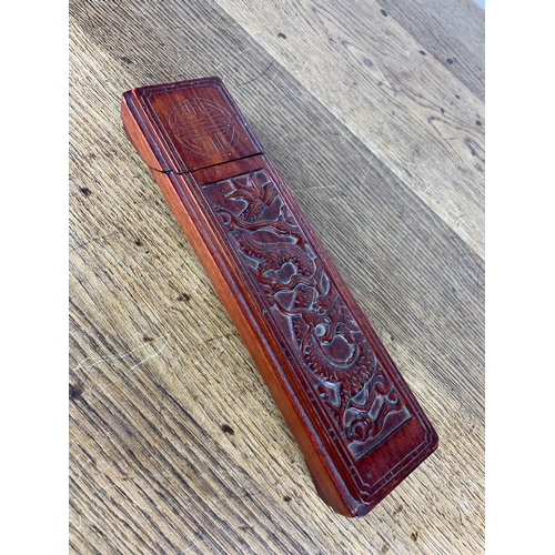 304 - Vintage Oriental Carved Wooden Chopstick Caddy