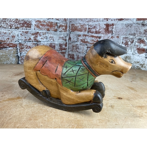 308 - Vintage Hand Carved Children's Rocking Pig Toy