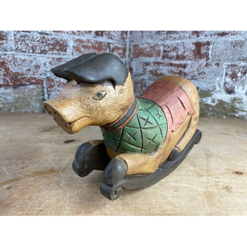 308 - Vintage Hand Carved Children's Rocking Pig Toy