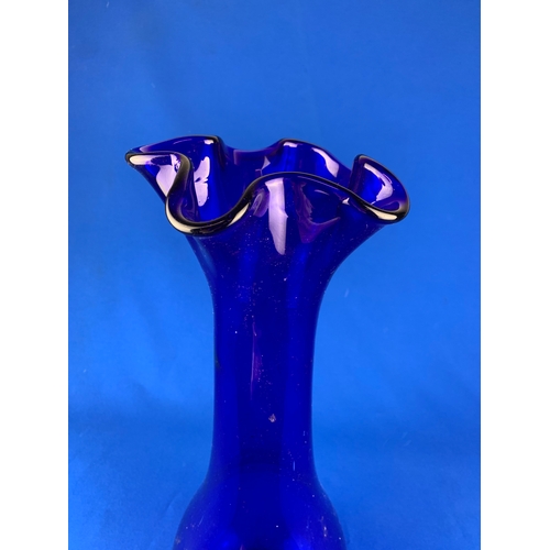 338 - Vintage Hand Blown Large Bristol Blue Fluted Vase