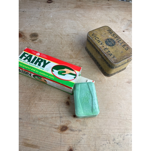 285 - Vintage Fairy Soap Bars & Vintage Vichy-Etat Pastilles French Tin. Advertising Interest.