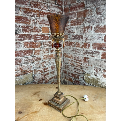 490 - Vintage Style Table Lamp With Amber Glass Detail & Spotted Shade