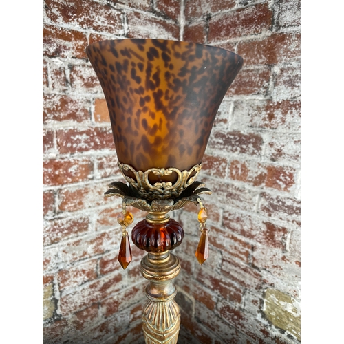 490 - Vintage Style Table Lamp With Amber Glass Detail & Spotted Shade