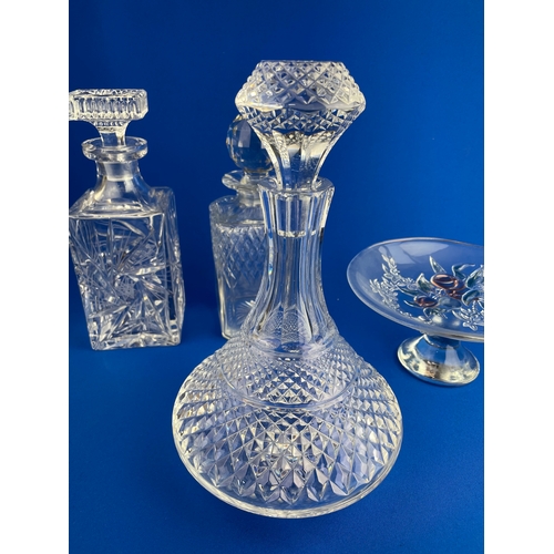 340 - Three Decanters (2 a/f). Hand Blown Glass Cake Plate