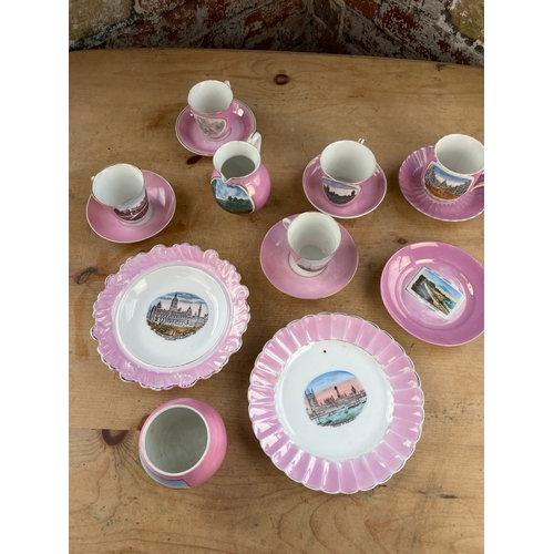 422 - Group Of German Pink Lustre Crested Ware Tea Set Items