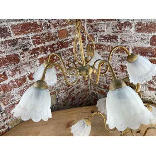 492 - Pair Of Vintage Metal Chandeliers With Glass Shades