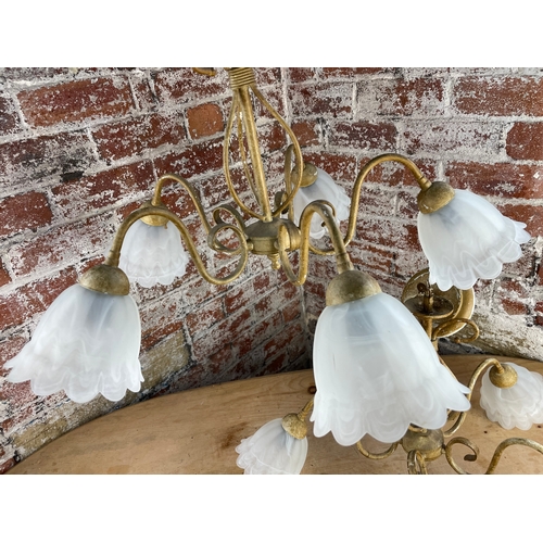 492 - Pair Of Vintage Metal Chandeliers With Glass Shades