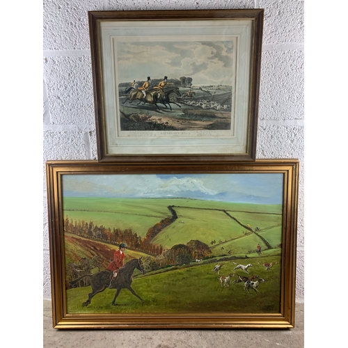 445 - Two Hunting Themed Works - Bachelor's Hall Lithograph and Original Oil on Canvas - Hunt and Artist i... 