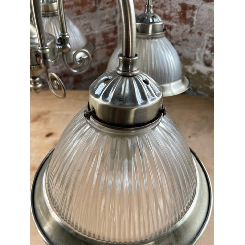 497 - Ceiling Light Fitting With 5 Arms & Holophane Style Glass Shades