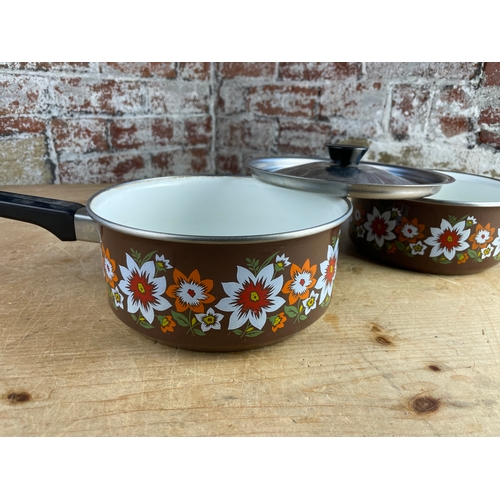 159 - Two Vintage Mid Century Brown Enamel Pans. 1 With Lid.