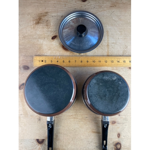 159 - Two Vintage Mid Century Brown Enamel Pans. 1 With Lid.