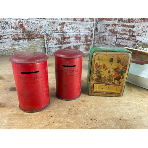 187 - Three Vintage Tin Money Boxes & Vintage Toy Boat. 2 x Post Boxes & 1 With Savings Counter Mechanism.