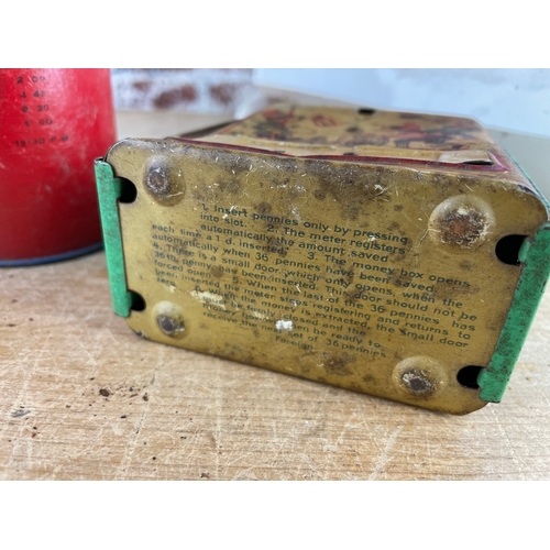 187 - Three Vintage Tin Money Boxes & Vintage Toy Boat. 2 x Post Boxes & 1 With Savings Counter Mechanism.