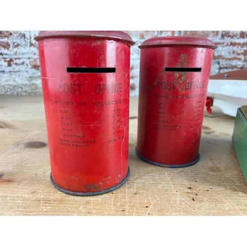 187 - Three Vintage Tin Money Boxes & Vintage Toy Boat. 2 x Post Boxes & 1 With Savings Counter Mechanism.