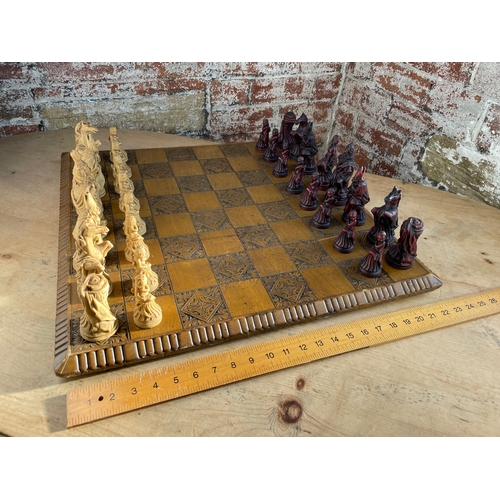 42 - Large Carved Vintage Wooden Chess Board (22