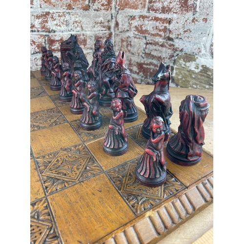 42 - Large Carved Vintage Wooden Chess Board (22