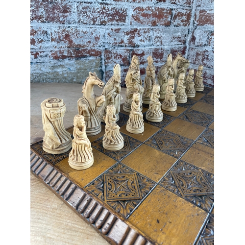 42 - Large Carved Vintage Wooden Chess Board (22