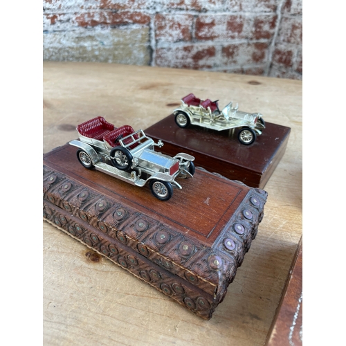 193 - Four Vintage Lesney Matchbox Cars Mounted On Trinket & Cigarette Boxes, 1x Nicely Carved.