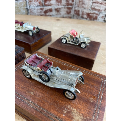 193 - Four Vintage Lesney Matchbox Cars Mounted On Trinket & Cigarette Boxes, 1x Nicely Carved.