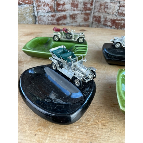 194 - Five Vintage Lesney Matchbox Cars Mounted On Porcelain Trays & Ashtrays