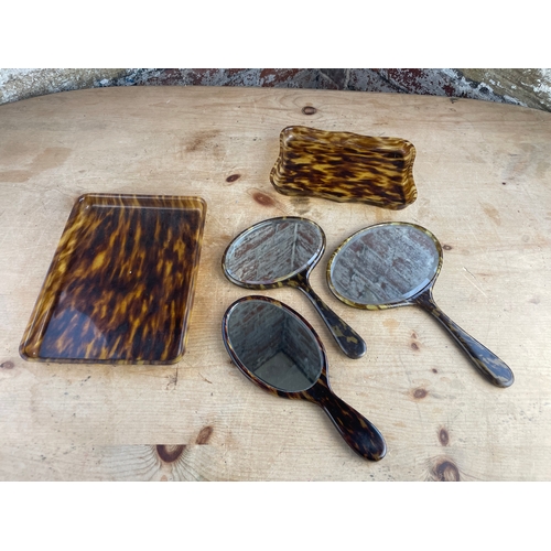 200 - Vintage Faux Tortoise Shell Dressing Table Items. Inc. 3 Mirrors & 2 Trays.