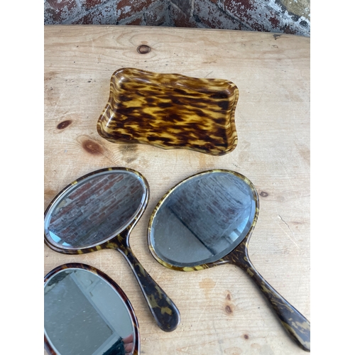 200 - Vintage Faux Tortoise Shell Dressing Table Items. Inc. 3 Mirrors & 2 Trays.