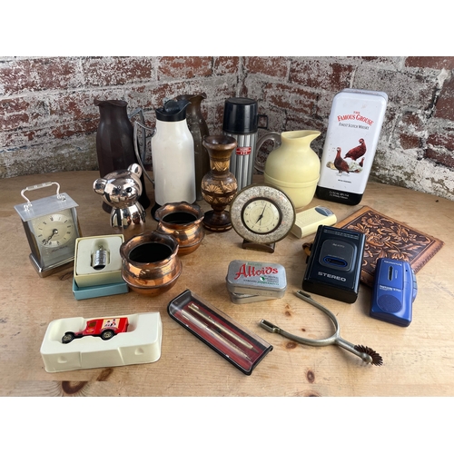 201 - Box Of Collectables Inc. Smiths Empire Allarmette Clock, Stirrup, Walkman, Copper Pots & Vintage The... 