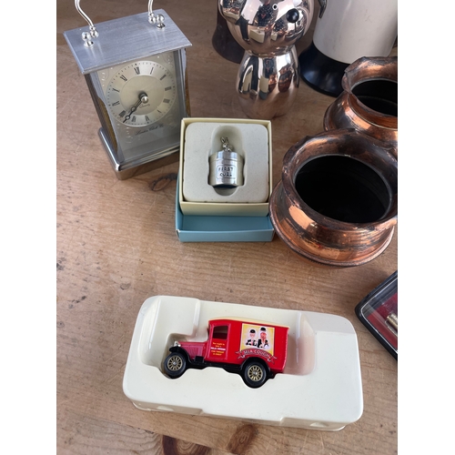 201 - Box Of Collectables Inc. Smiths Empire Allarmette Clock, Stirrup, Walkman, Copper Pots & Vintage The... 