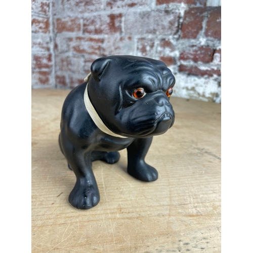 247 - 1920's Ceramic Black Bulldog Figure. Made In England With Glass Eyes.